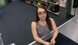 Nerdy brunette hair teen screwed by a hunky pawn stud doggystyle